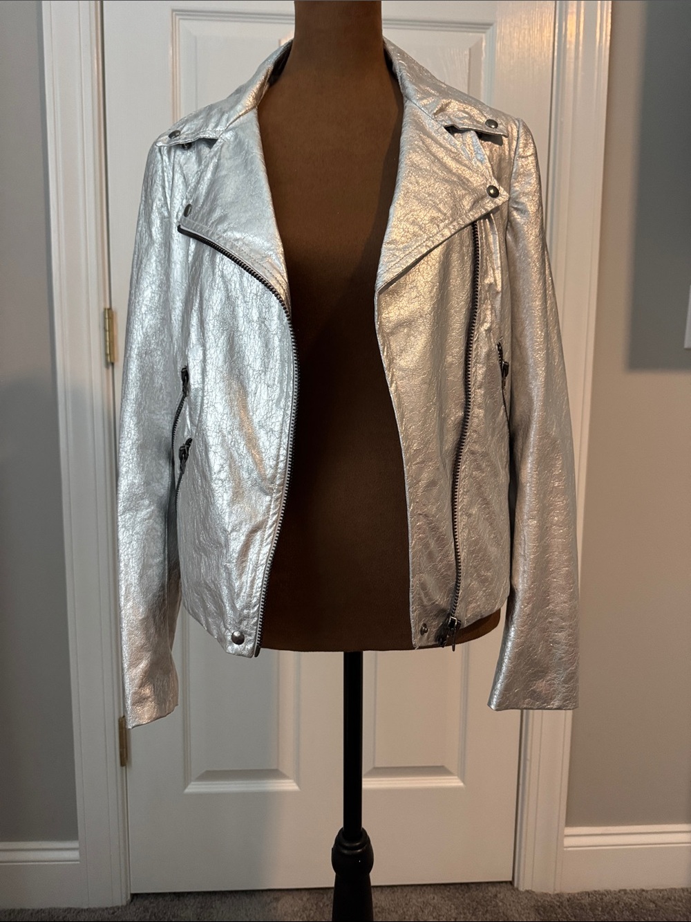 Zara Silver Metallic Biker Leather Jacket